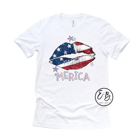Trendy Merica Patriotic Star Lips USA 4th of July Memorial Day Graphic T-shirt - Picture 2 of 5